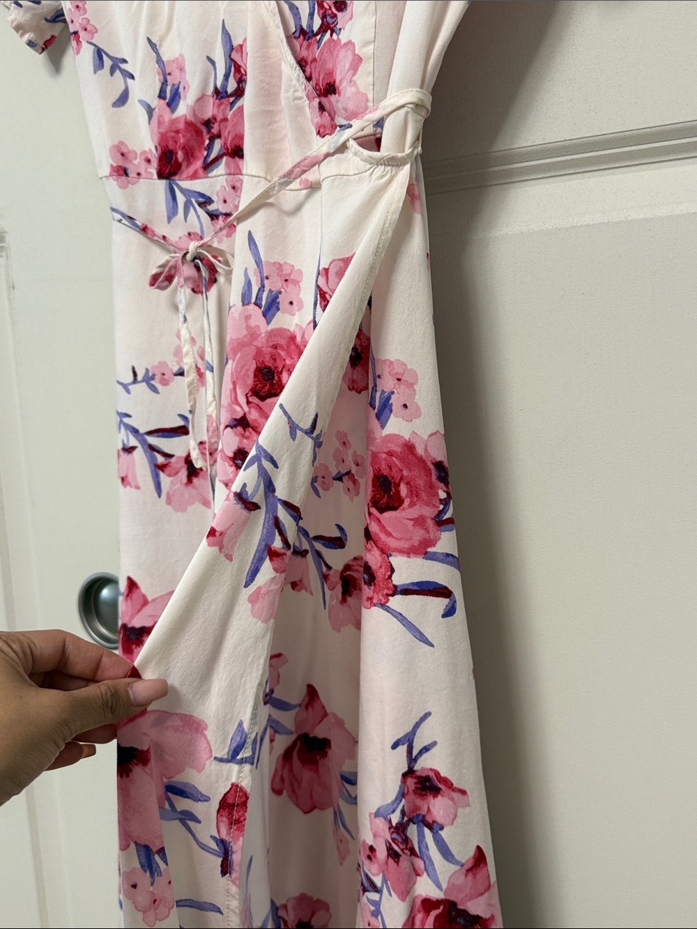Forever 21 Pink Floral Wrap Midi Dress on White Background - Picture 7 of 11
